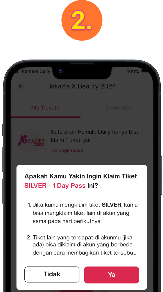 Kamu akan diarahkan ke dalam aplikasi Female Daily. Klik button “Ya” untuk klaim tiket.