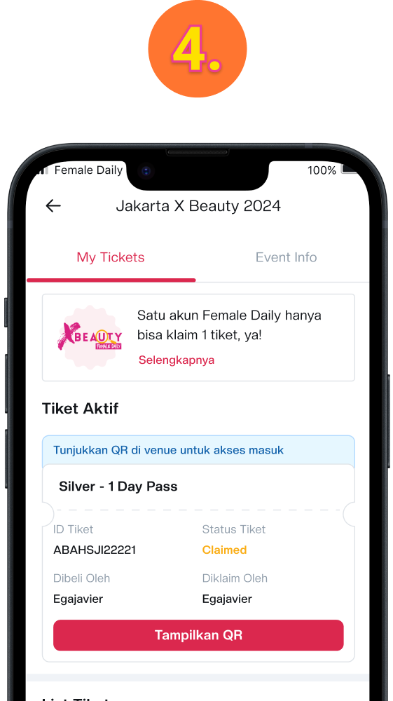 Tiket yang berhasil diklaim akan menampilkan button "Tampilkan QR". Klik untuk menampilkan QR code