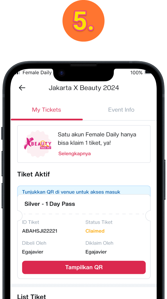 Tiket yang berhasil diklaim akan menampilkan button "Tampilkan QR". Klik untuk menampilkan QR code